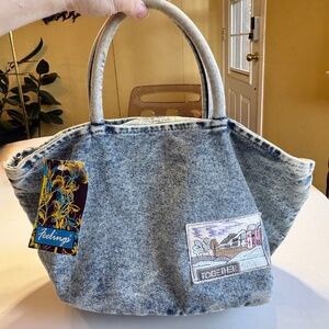 Vintage 80s denim purse, NWT acid-washed denim, Together / Feelings, spot stains